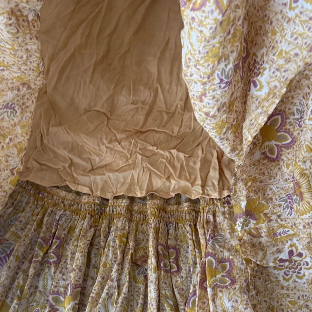 Free People getaway babydoll ruched Mustard tiered Floral Maxi Dress S
